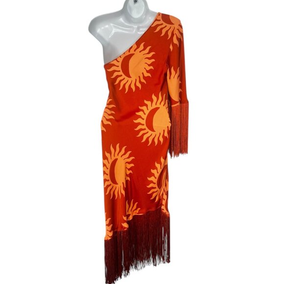 Farm Rio x Anthropologie One-Shoulder Fringe Dress Sun Crescent Moon Orange XS - Picture 12 of 16